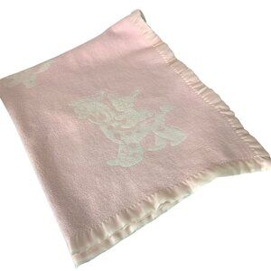 Vintage Acrylic Pink Baby Blanket With Bunny & Giraffe Design Satin Trim